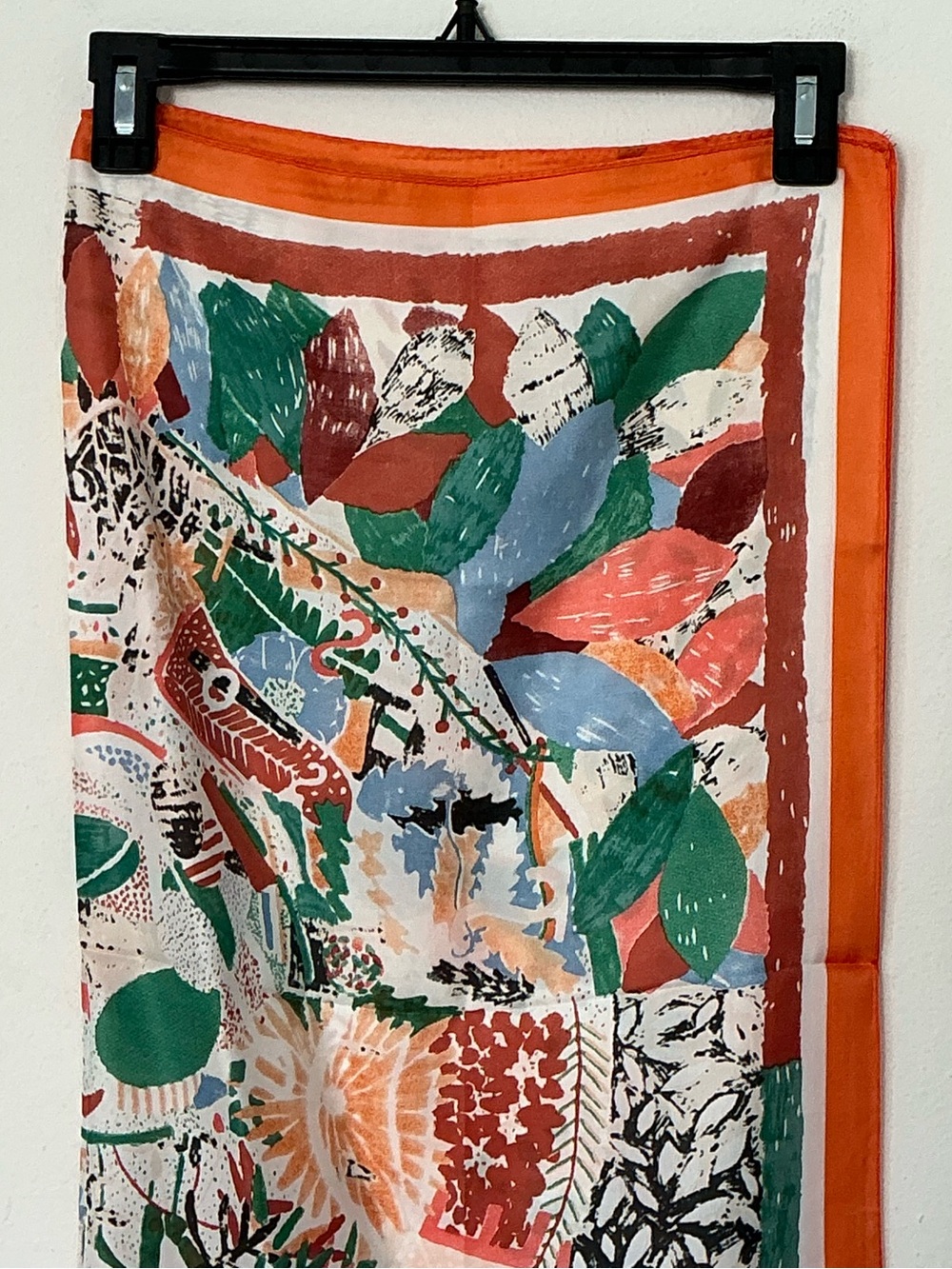 Abstract Floral Print Satin Square Scarf Orange Green White 26” x 26”
